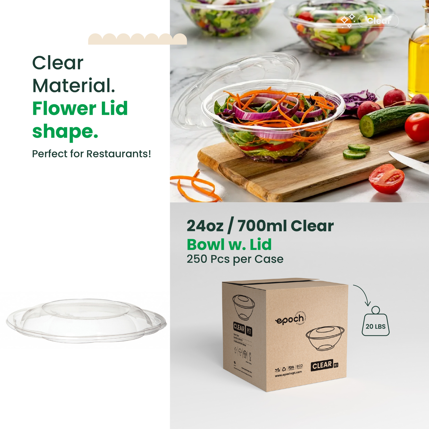24oz Disposable Salad Bowls with Dome Lids / Clear