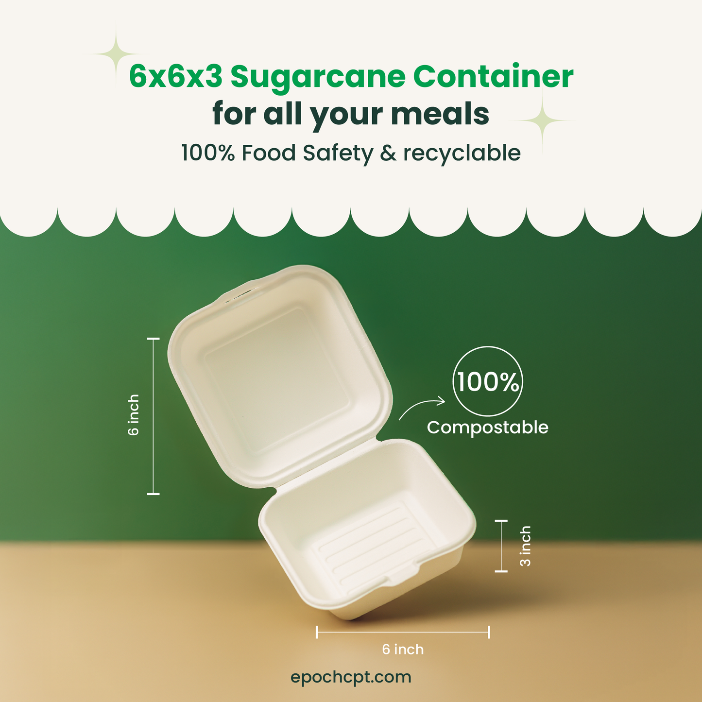 6x6x3 Sugarcane Takeout Containers – 1 Compartment