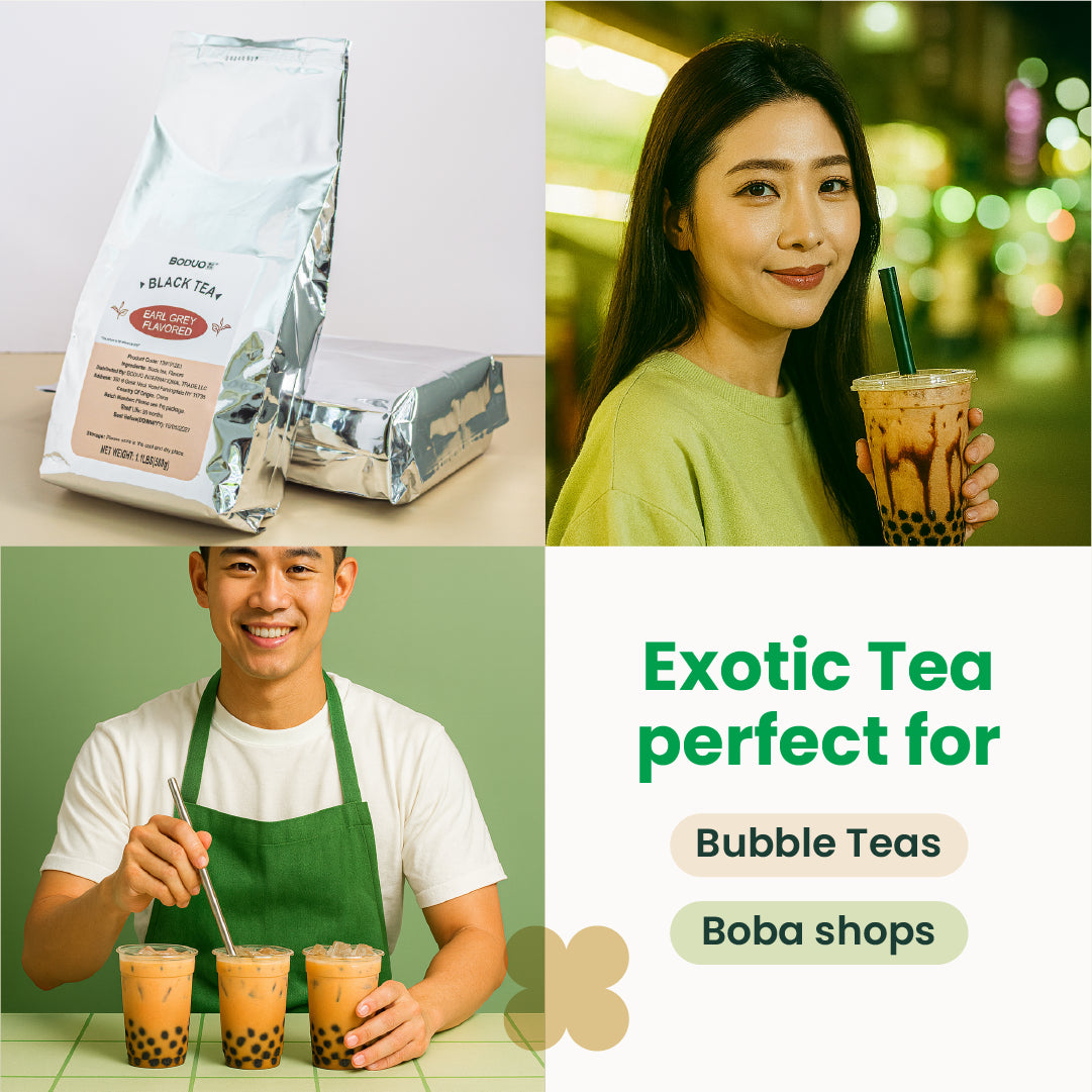 Collage of tea packaging, a person holding a drink, and a tea maker with text about exotic tea for bubble teas and boba shops.