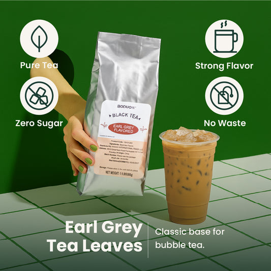 Tea package with a cup of iced tea on a green grid background, featuring icons and text about tea properties.