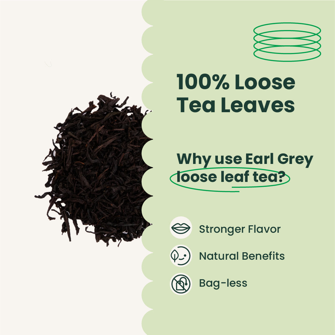 Loose tea leaves with text on a light green background