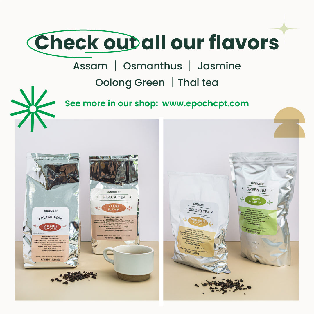 Tea packages with a cup and tea leaves on a beige surface, featuring Assam, Osmanthus, Jasmine, Oolong Green, and Thai tea.