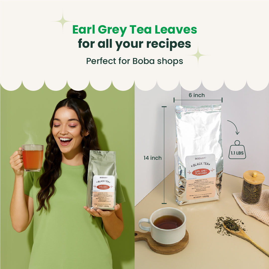 Woman holding a cup of tea and a package of Earl Grey Tea Leaves with text about its use in recipes for Boba shops.