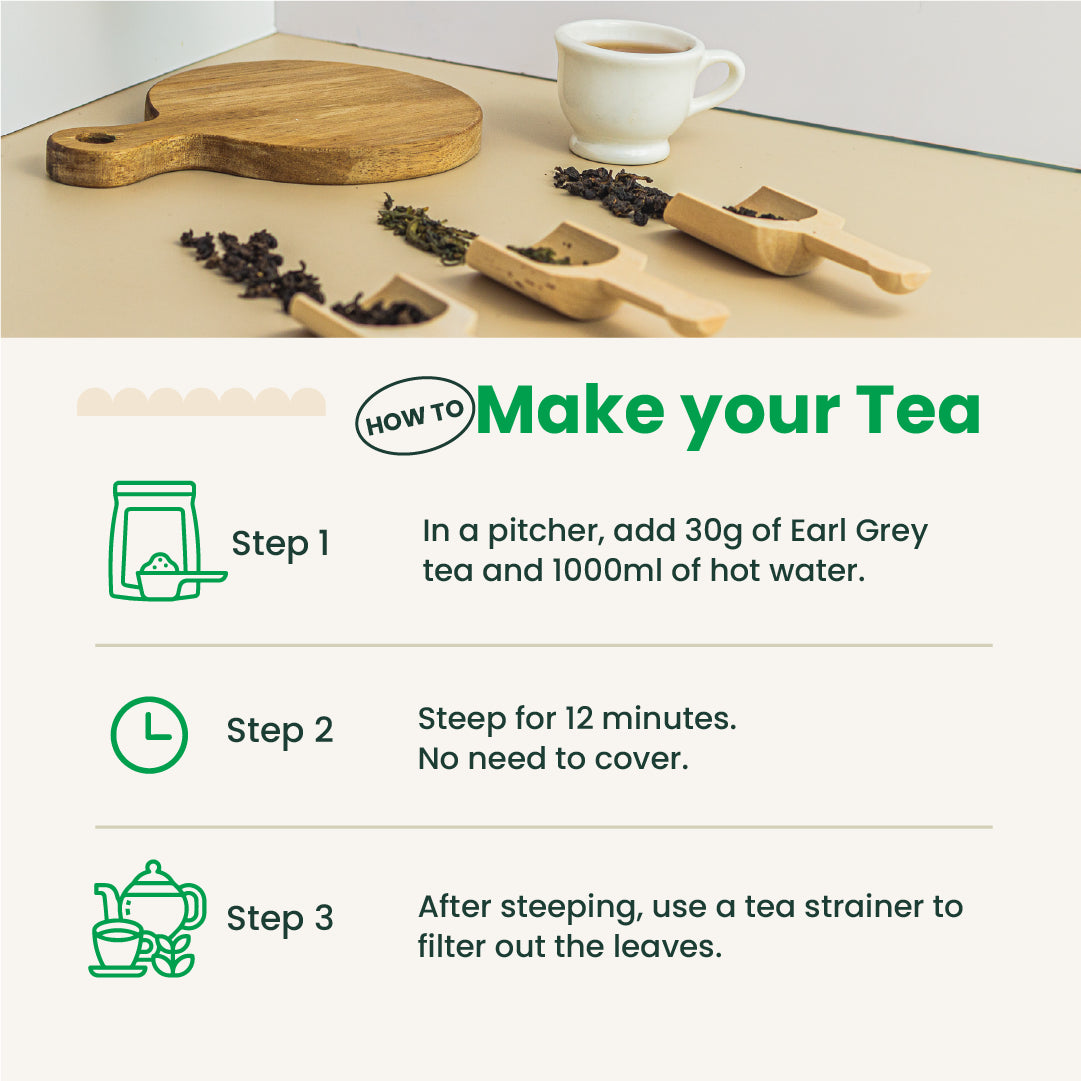 Tea-making instructions with tea leaves, a cup, and wooden tools on a table.