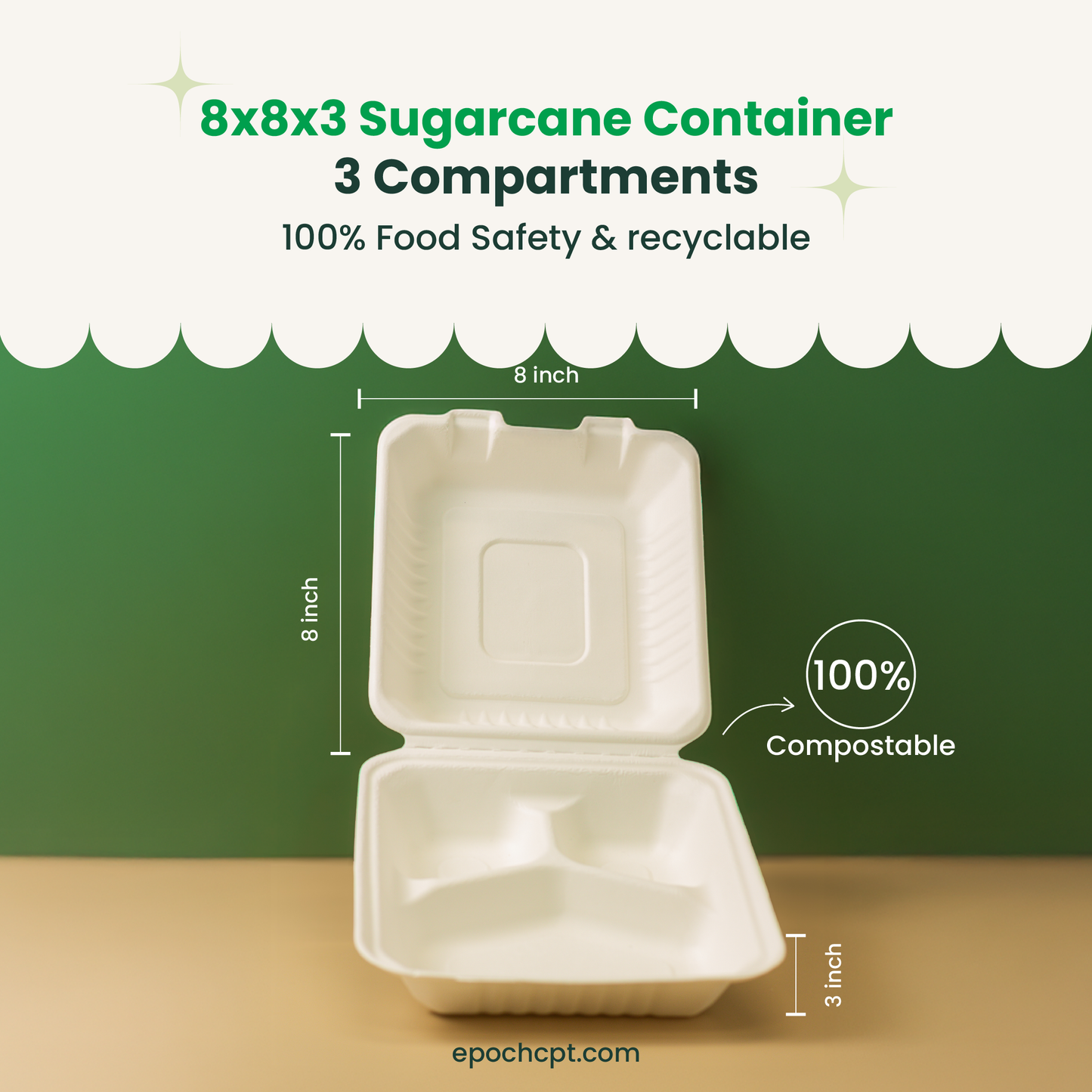 8x8x3 Sugarcane Takeout Containers – 3 Compartment