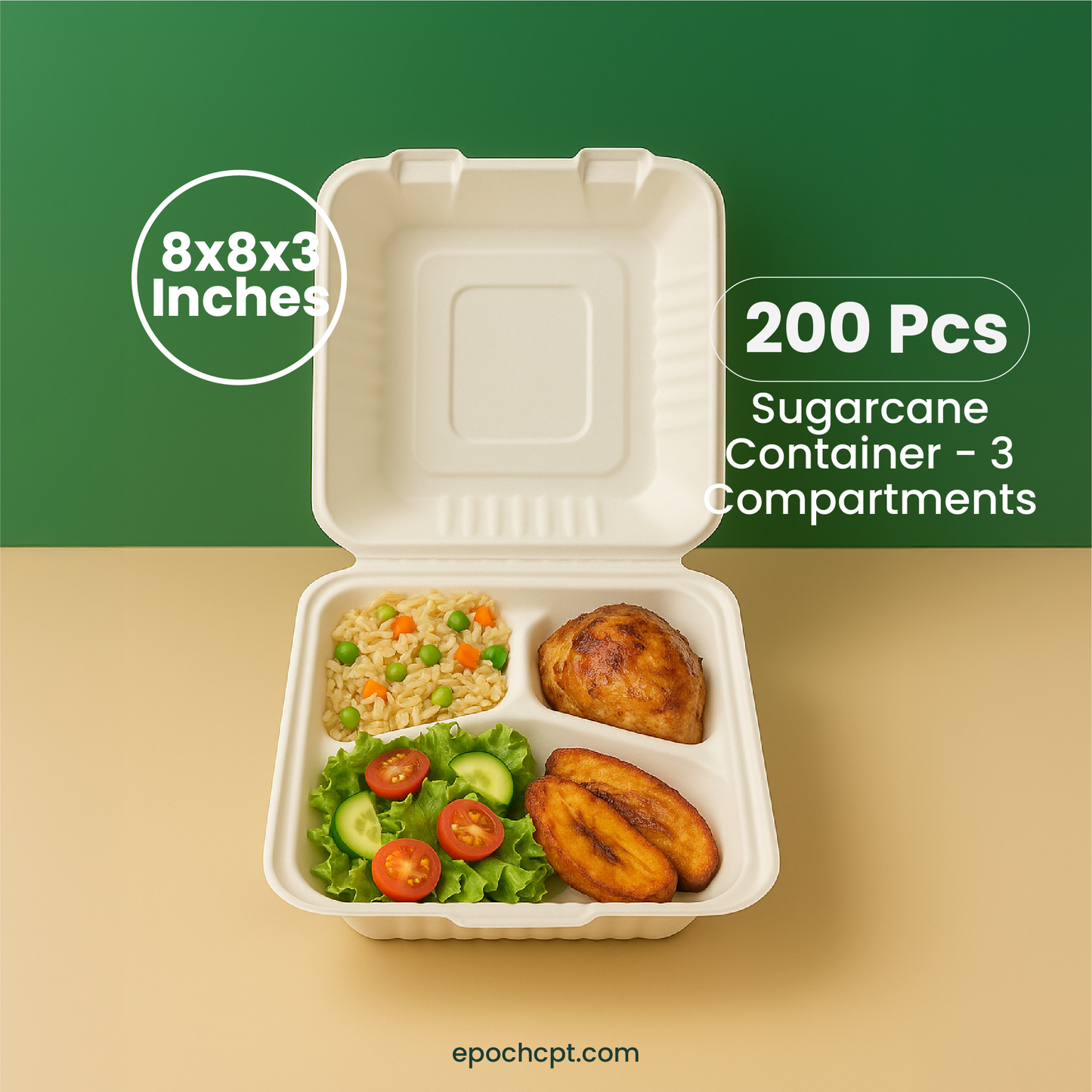 8x8x3 Sugarcane Takeout Containers – 3 Compartment