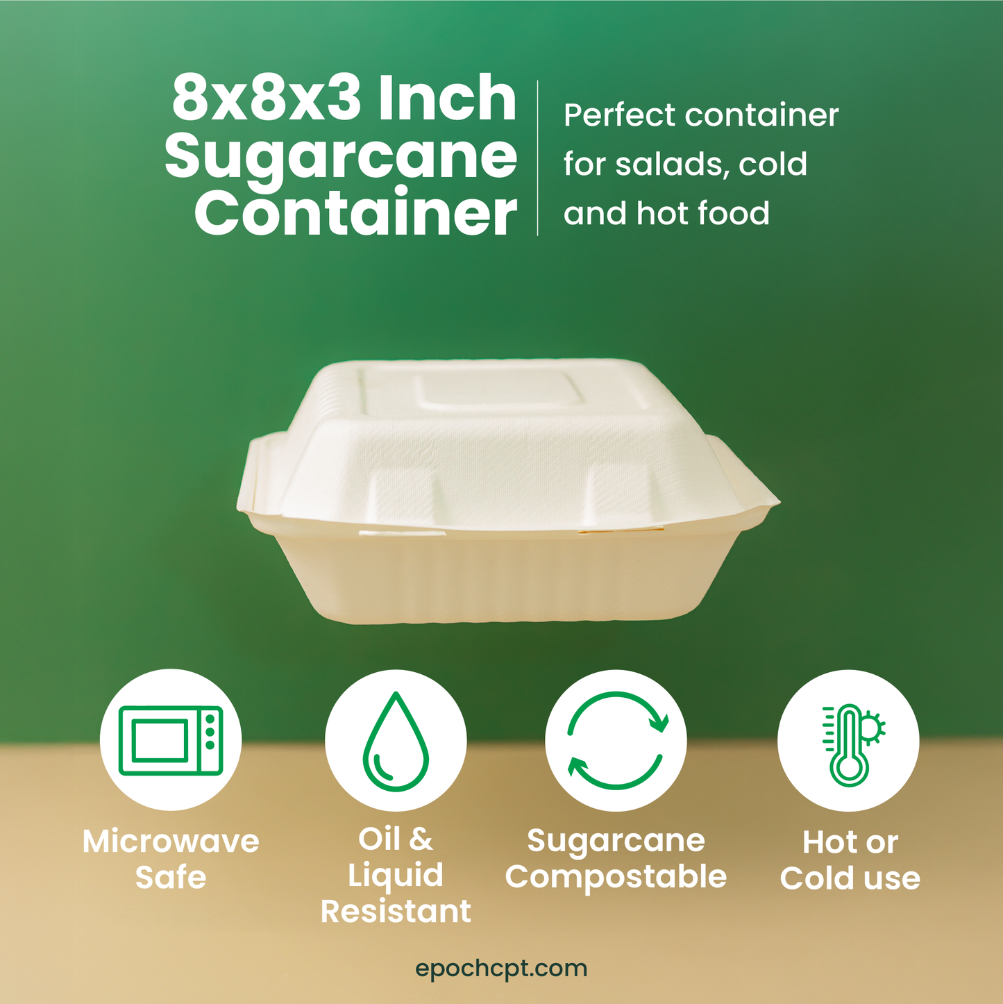 8x8x3 Sugarcane Takeout Containers – 1 Compartment