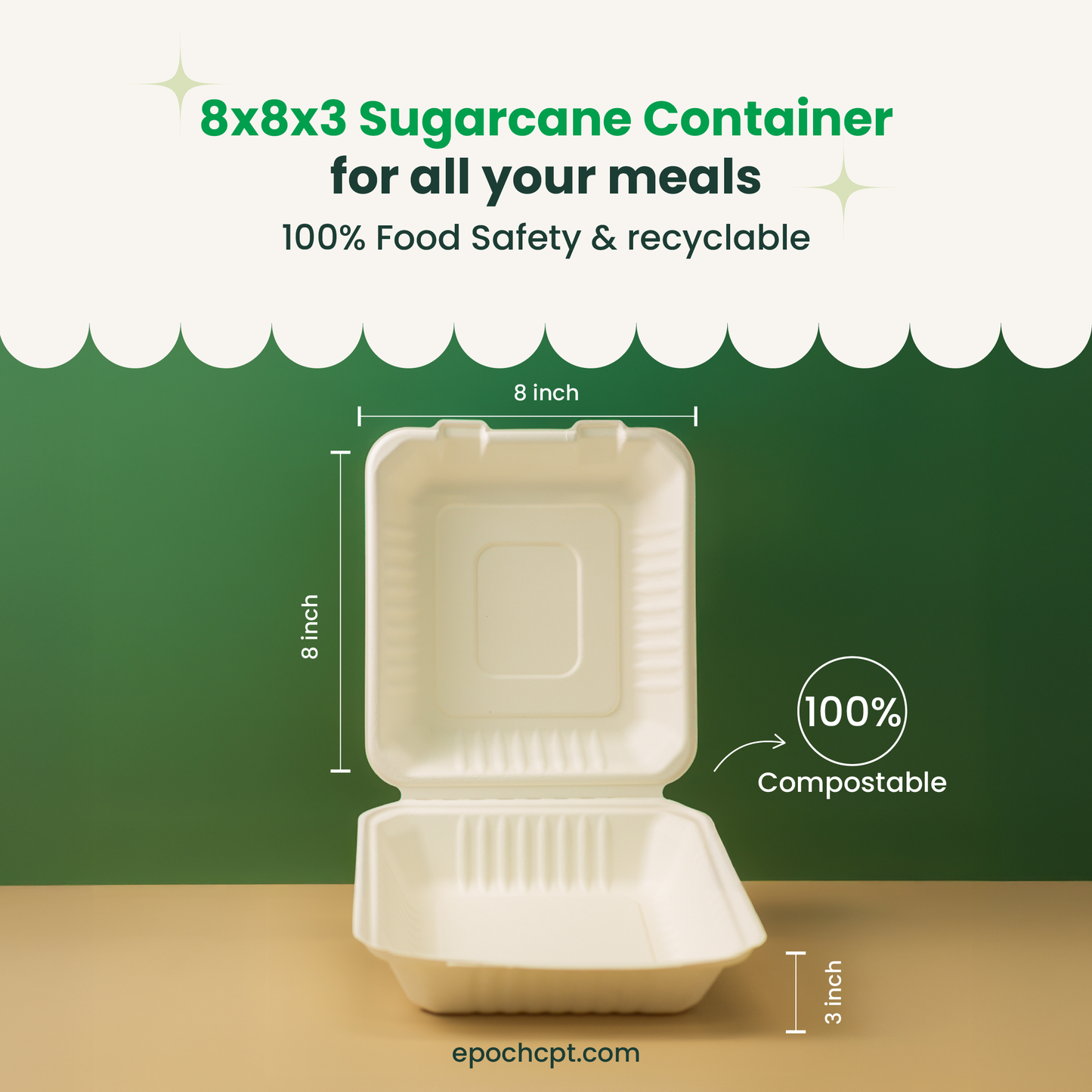 8x8x3 Sugarcane Takeout Containers – 1 Compartment