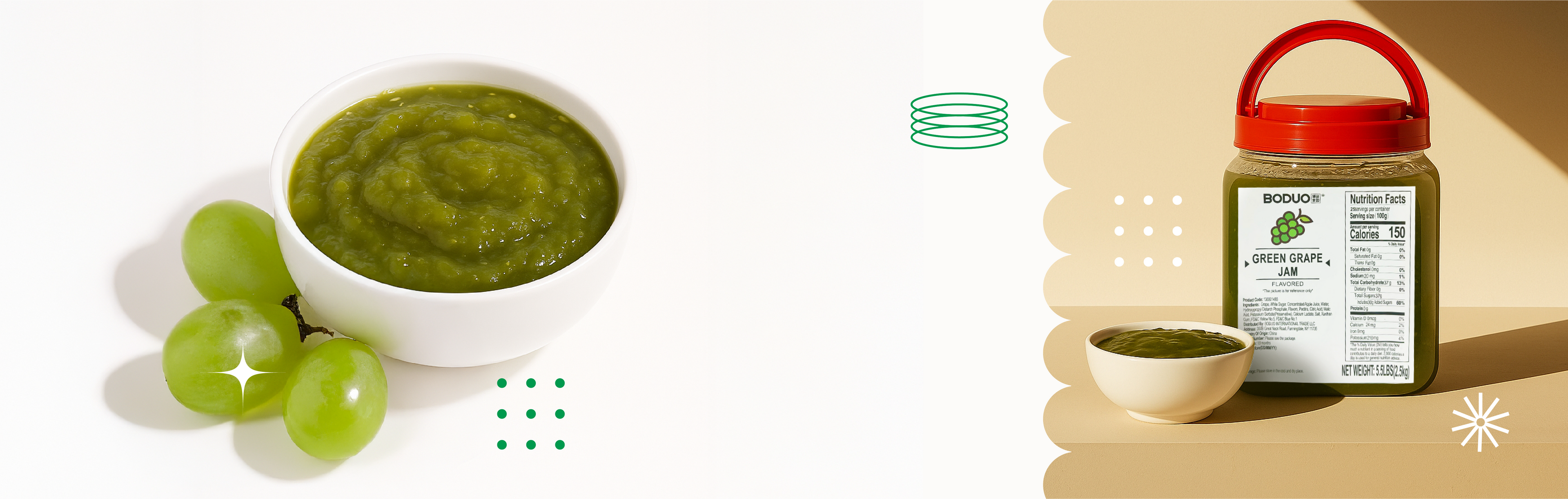 Green grape jam with a bowl and grapes on a beige background