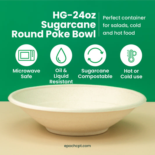 HG 24oz | Sugarcane Round Poke Bowl | Compostable Takeout Bowl | 500 pcs