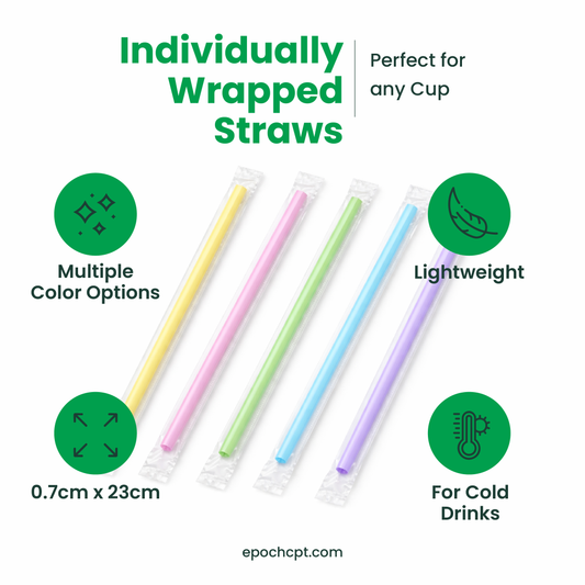 Individually Wrapped Straws | 0.7cm x 23cm | Colors, Clear or Black | 2000 pcs