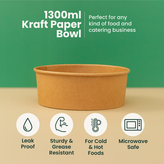 1300ml | 42oz Round Kraft Microwavable Take-Out Bowl | 300 pcs