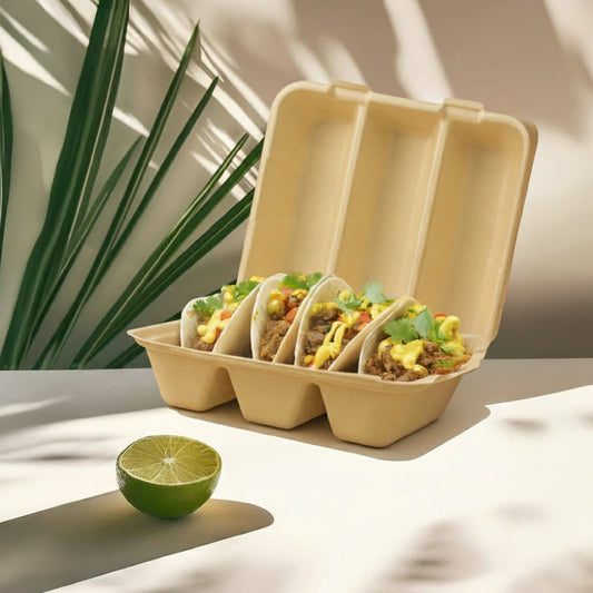 Sugarcane Taco Container | 3-Compts | Compostable Takeout Food Container | 300 pcs