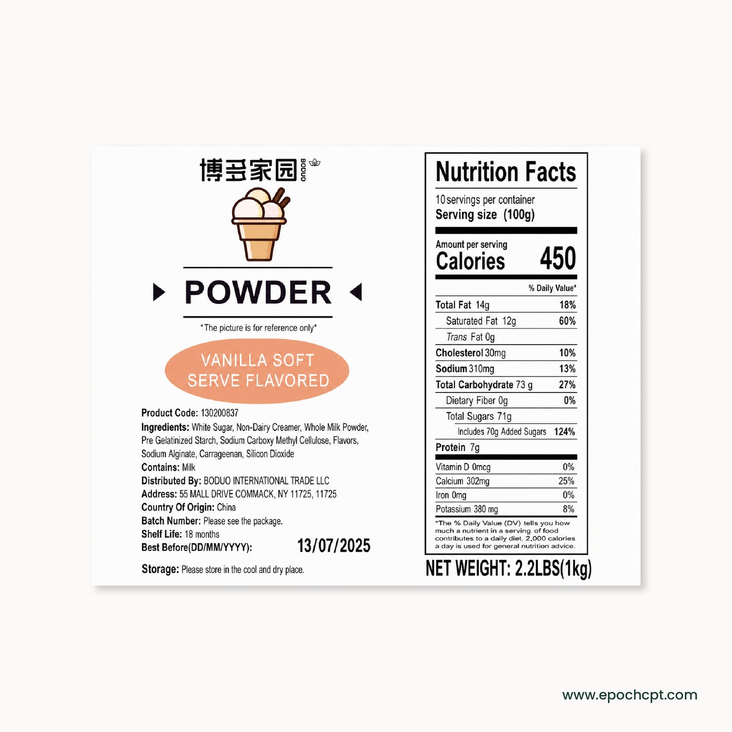 Nutrition facts label for vanilla soft serve flavored powder on a white background