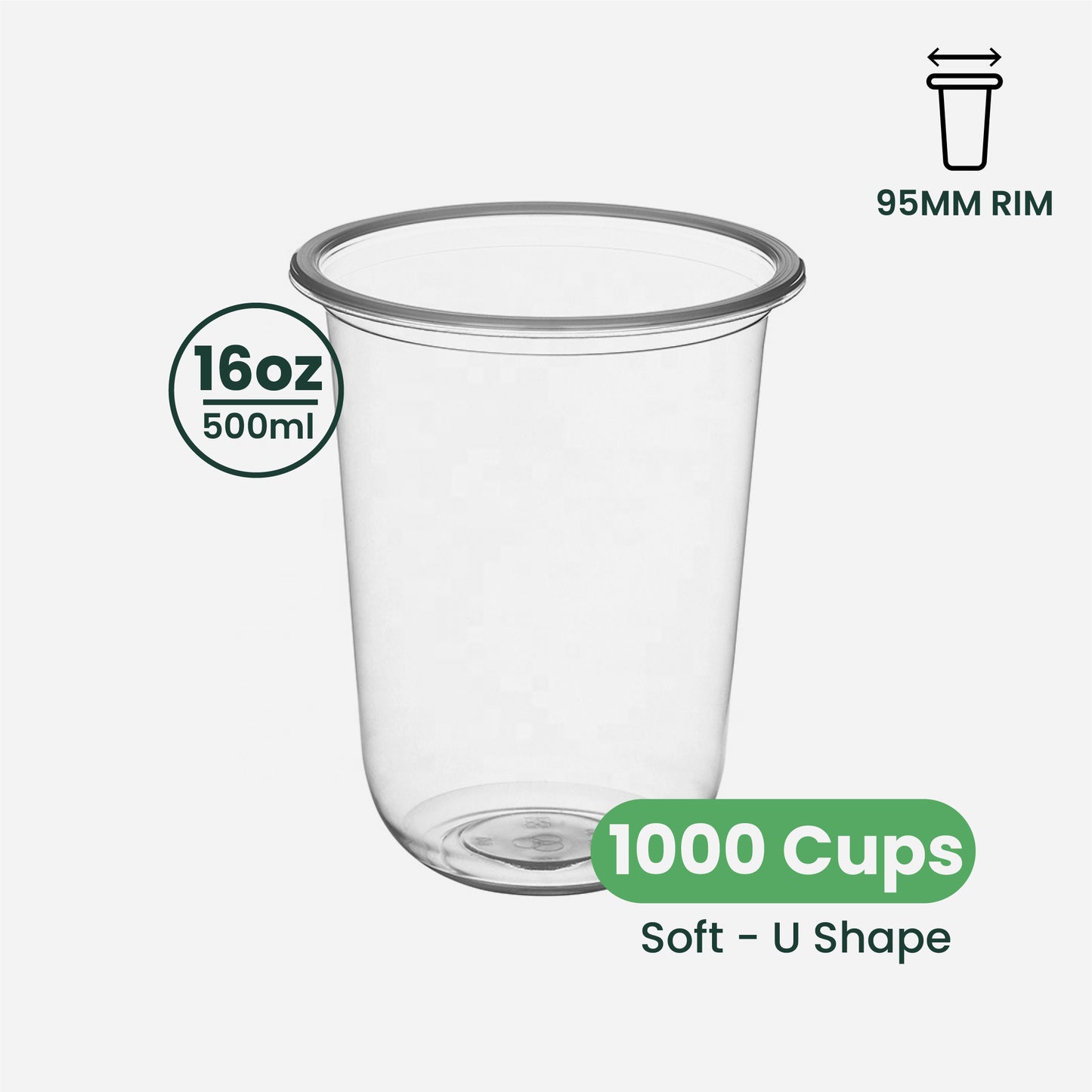 16oz | U-Shape | Clear | Soft Thin Wall Plastic Cold Cup | 95MM | 500ml Crystal Cup
