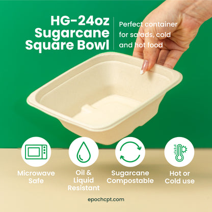 HG 24oz  | Sugarcane Square Bowl  | Compostable Takeout Bowl | 500 pcs