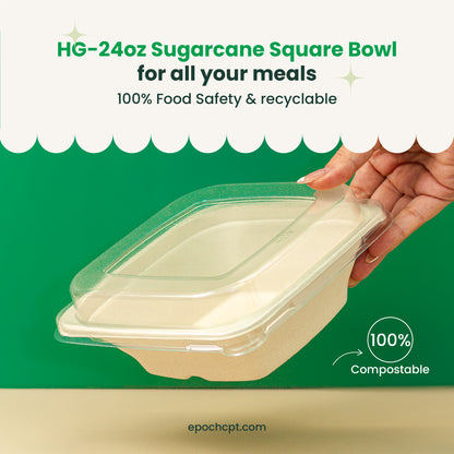 HG 24oz  | Sugarcane Square Bowl  | Compostable Takeout Bowl | 500 pcs