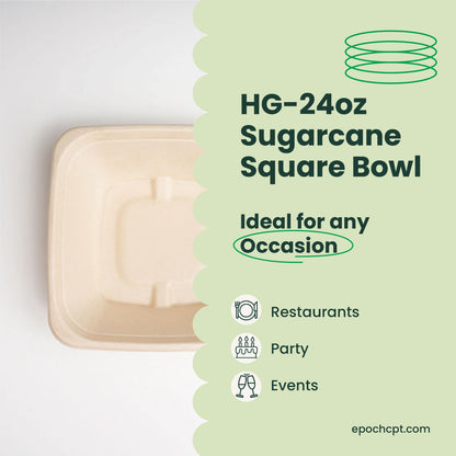 HG 24oz  | Sugarcane Square Bowl  | Compostable Takeout Bowl | 500 pcs