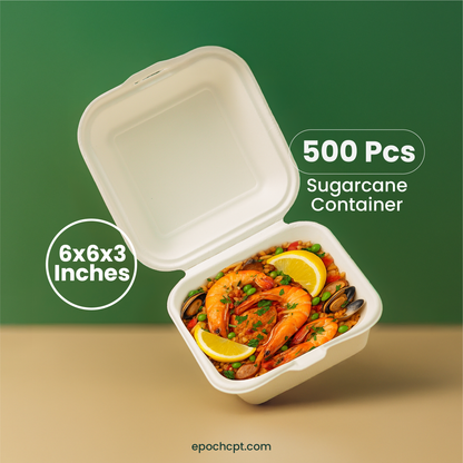 6x6x3 Sugarcane Takeout Containers – 1 Compartment
