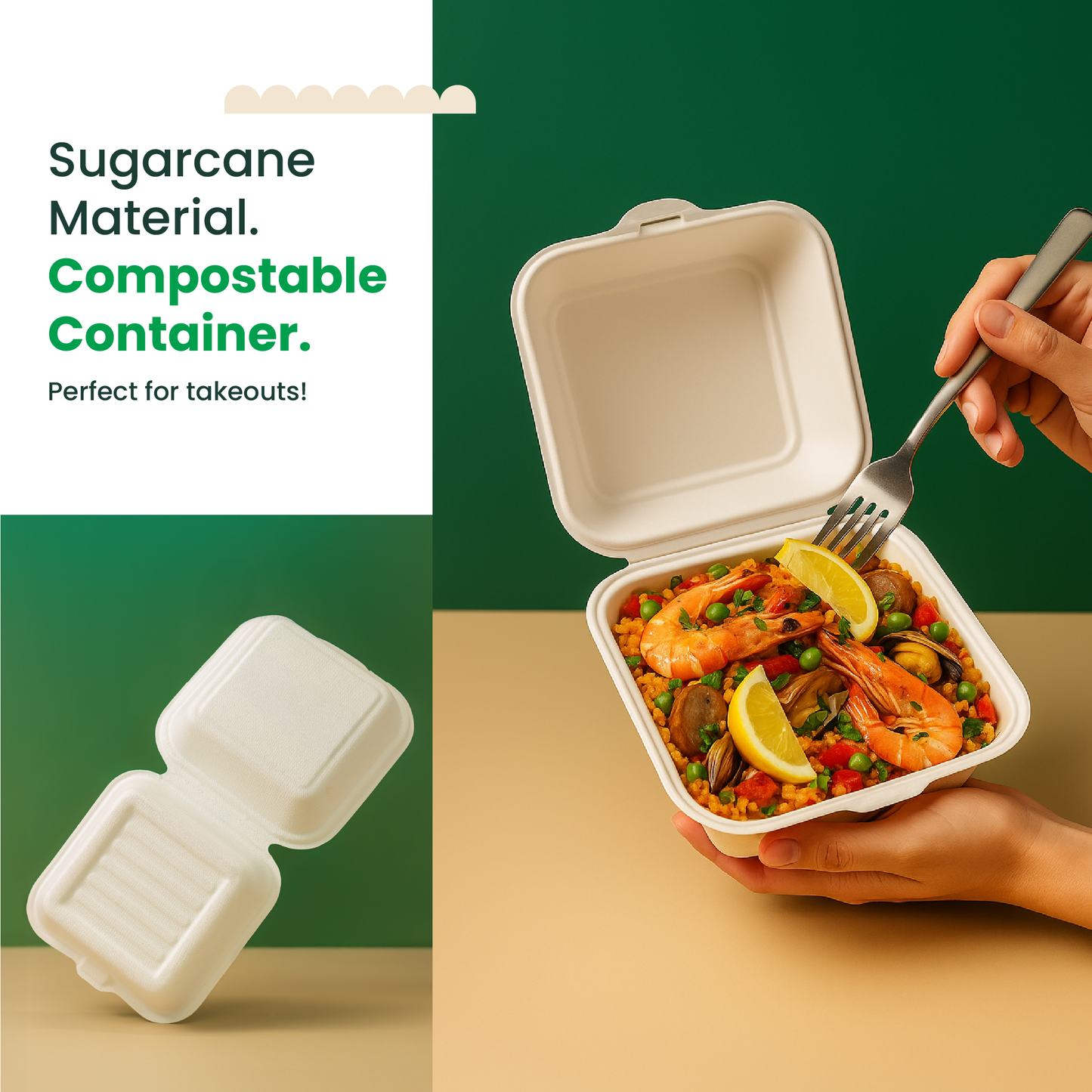 6x6x3 Sugarcane Takeout Containers – 1 Compartment