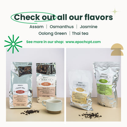 Tea packages with a cup and tea leaves on a beige surface, featuring Assam, Osmanthus, Jasmine, Oolong Green, and Thai tea.