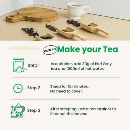 Tea-making instructions with tea leaves, a cup, and wooden tools on a table.