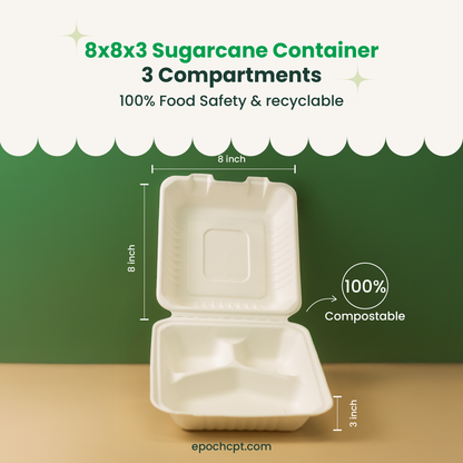 8x8x3 Sugarcane Takeout Containers – 3 Compartment