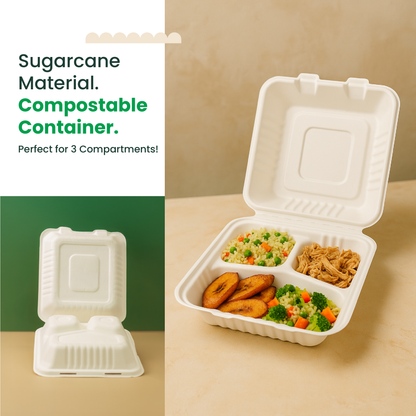 8x8x3 Sugarcane Takeout Containers – 3 Compartment