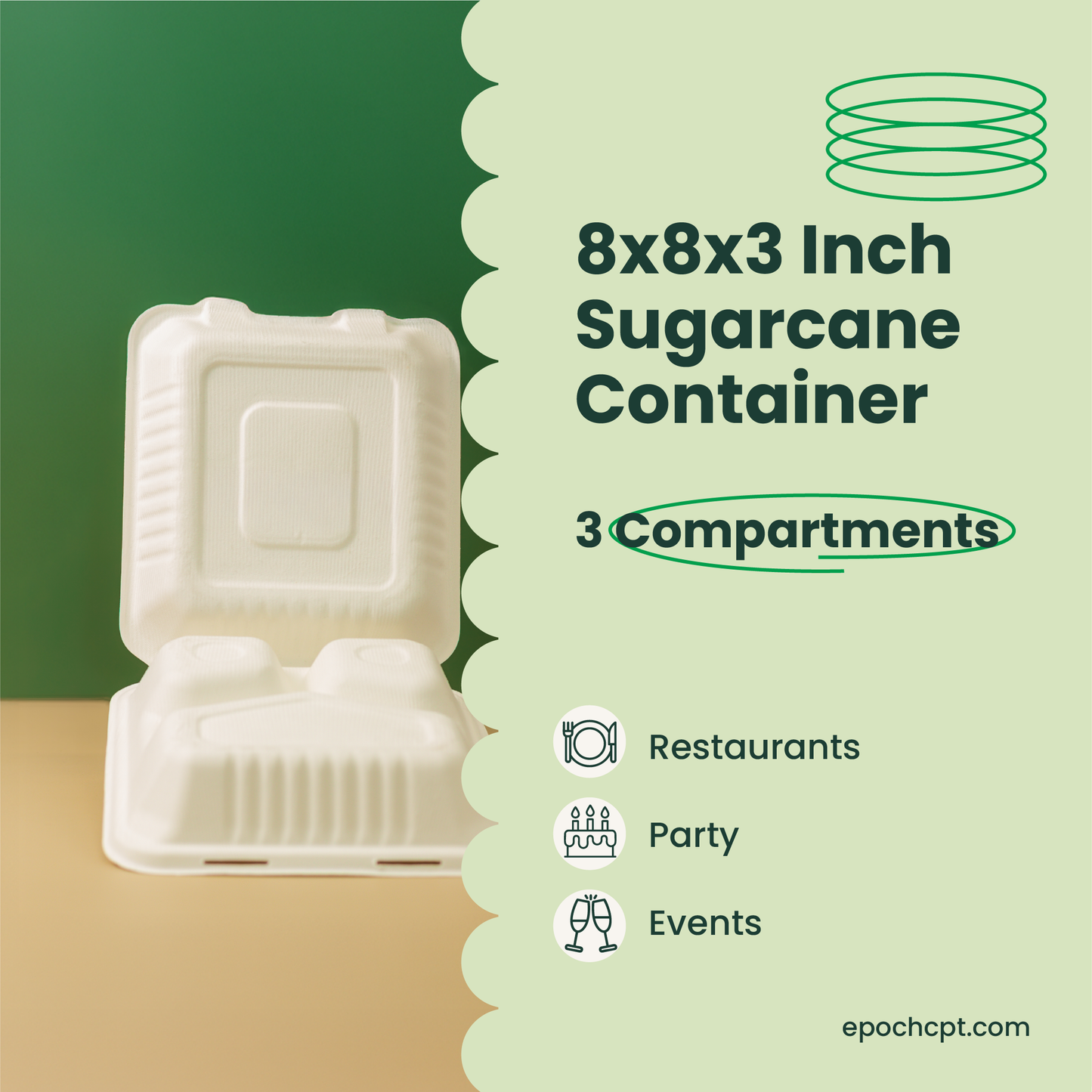 8x8x3 Sugarcane Takeout Containers – 3 Compartment