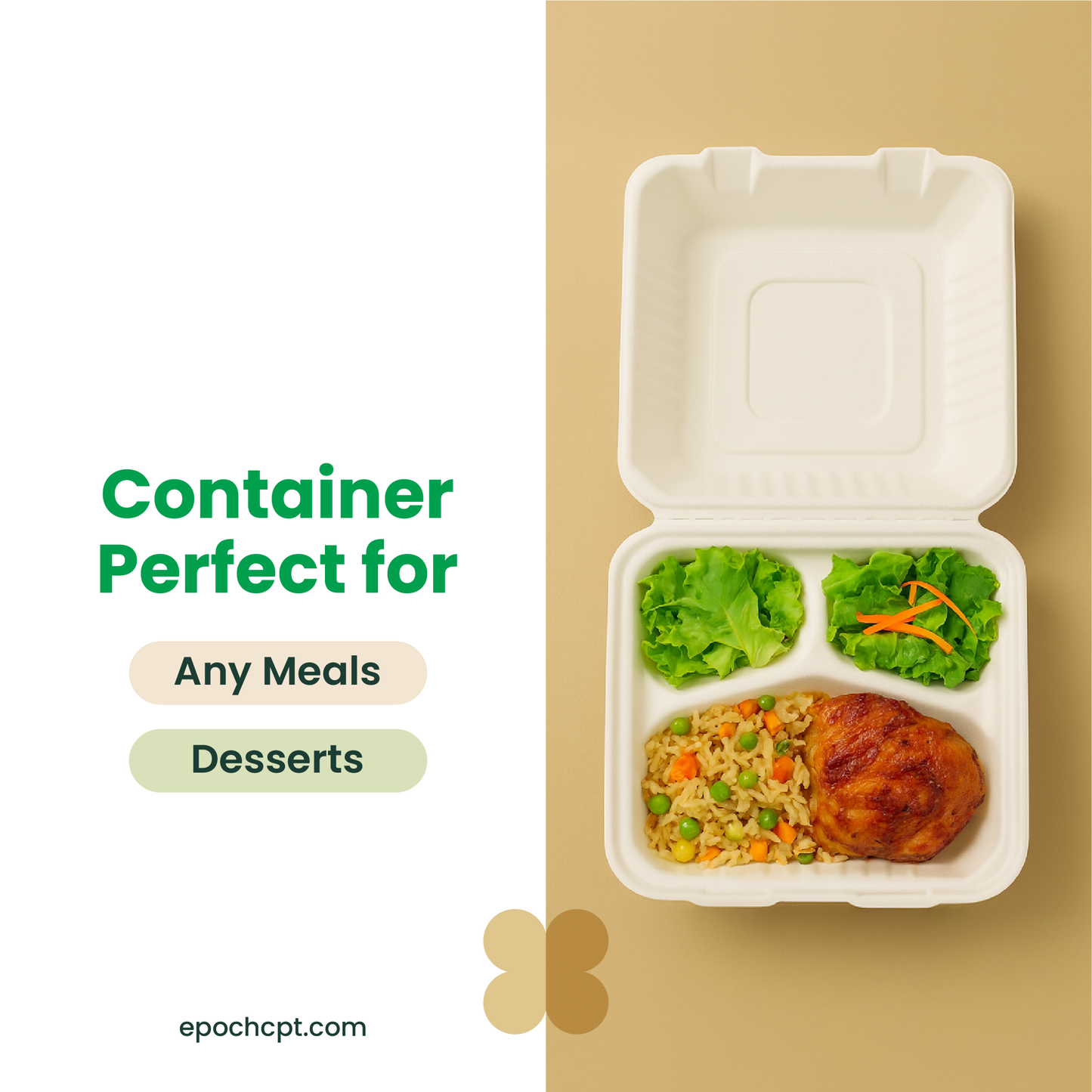 8x8x3 Sugarcane Takeout Containers – 3 Compartment