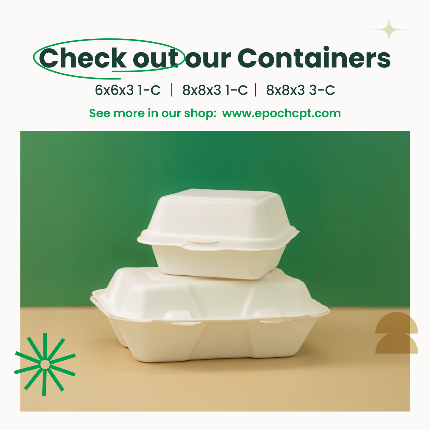 8x8x3 Sugarcane Takeout Containers – 3 Compartment