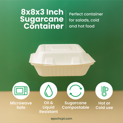 8x8x3 Sugarcane Takeout Containers – 1 Compartment