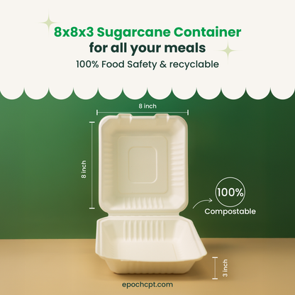 8x8x3 Sugarcane Takeout Containers – 1 Compartment