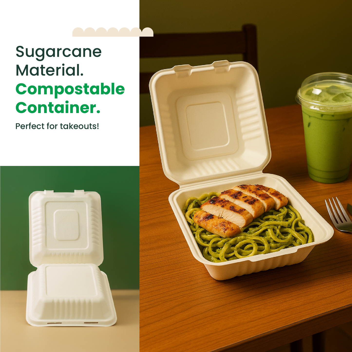 8x8x3 Sugarcane Takeout Containers – 1 Compartment