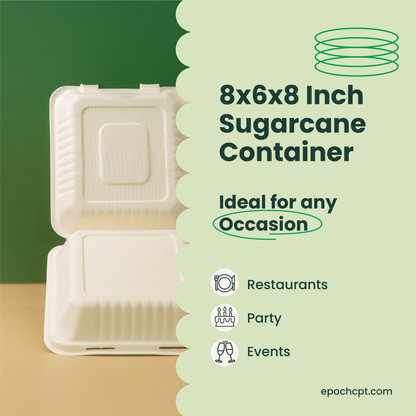 8x8x3 Sugarcane Takeout Containers – 1 Compartment