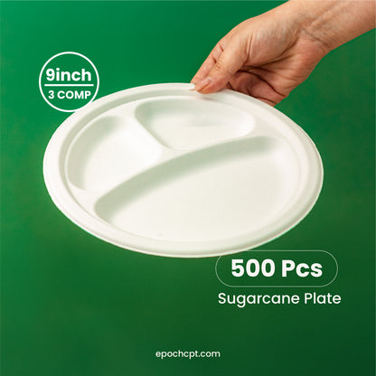 9 inches |  Sugarcane 3-Compartment Bagasse Round Plate | Compostable Disposable Plates | 500 pcs