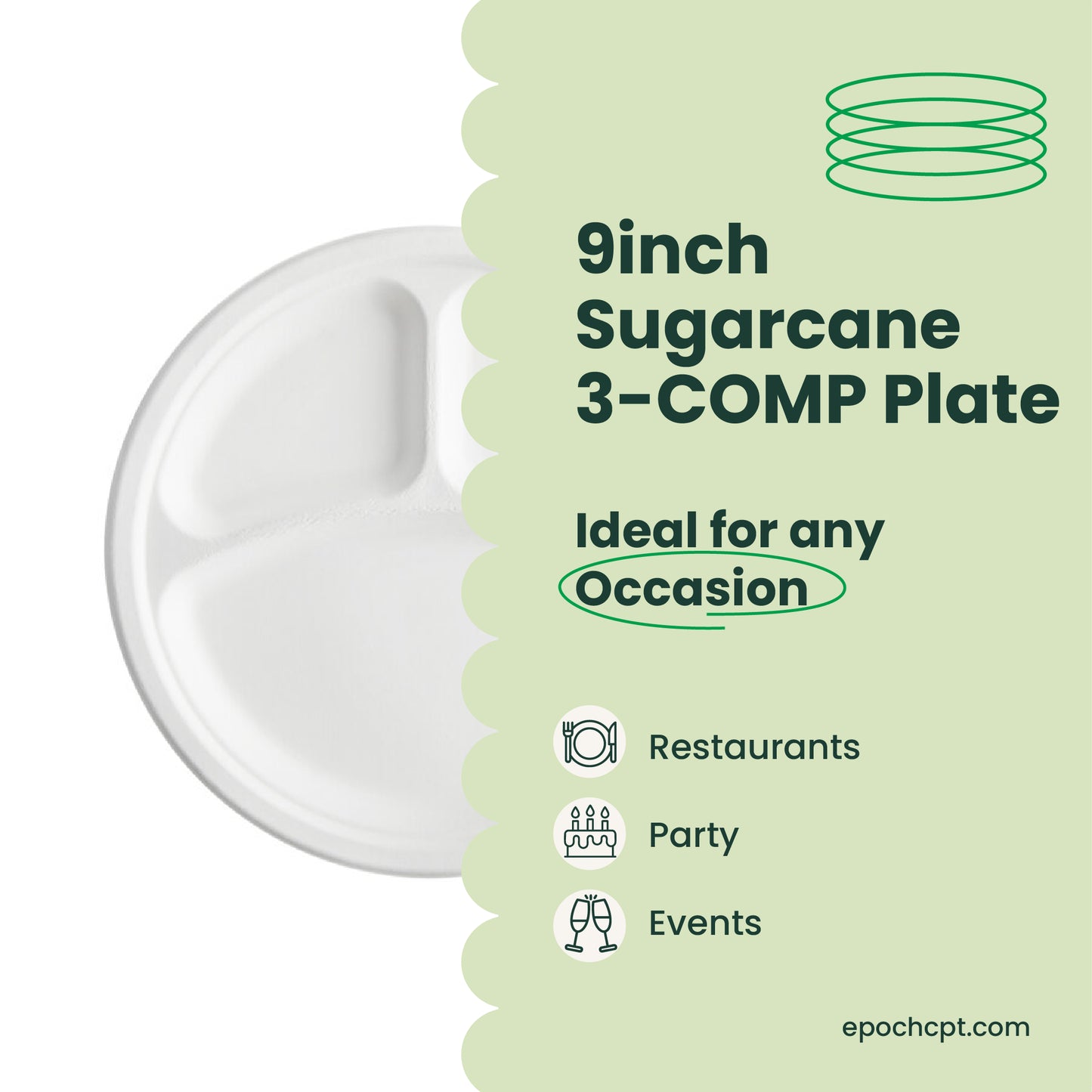 9 inches |  Sugarcane 3-Compartment Bagasse Round Plate | Compostable Disposable Plates | 500 pcs
