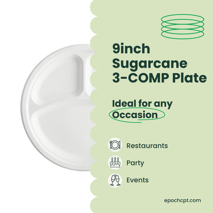 9 inches |  Sugarcane 3-Compartment Bagasse Round Plate | Compostable Disposable Plates | 500 pcs