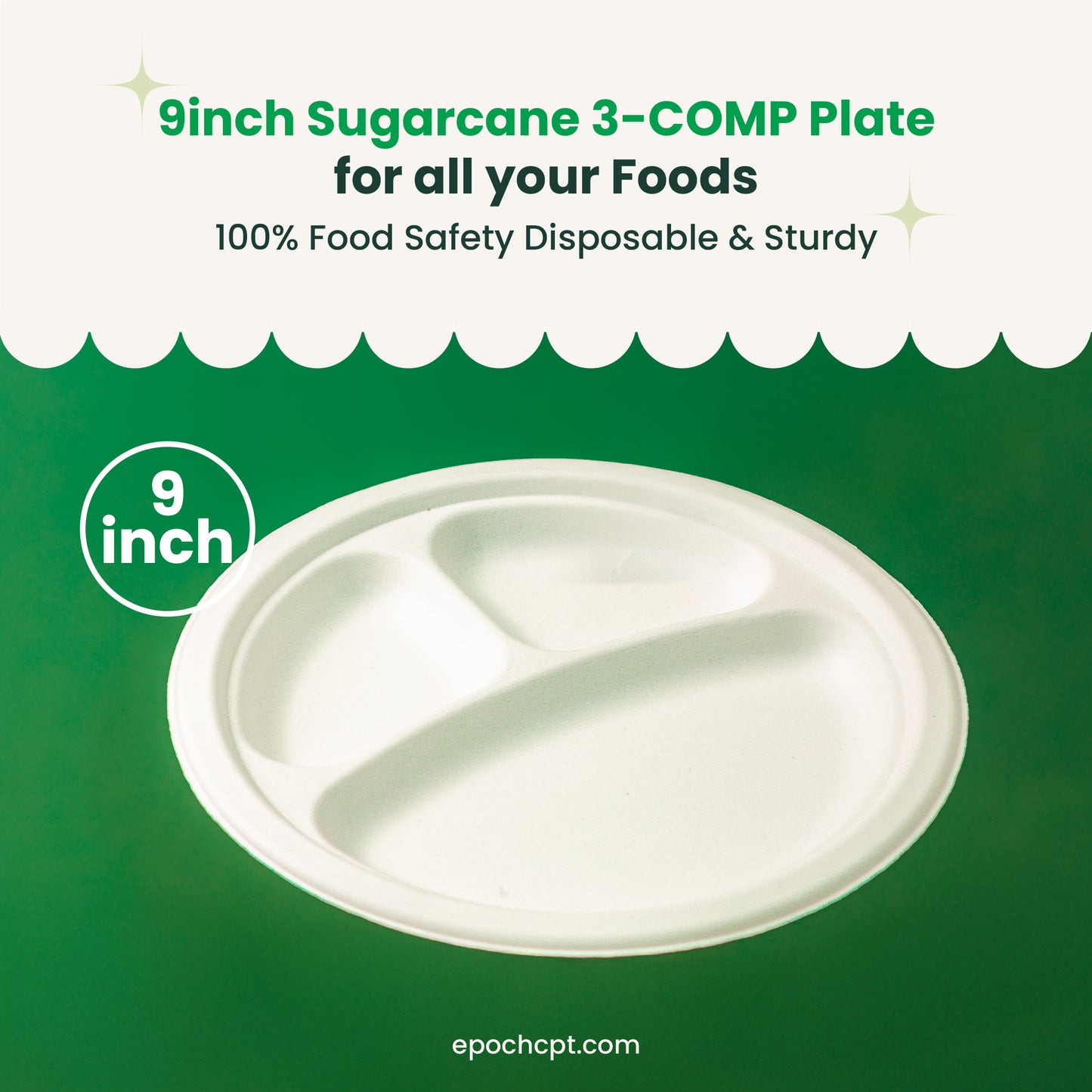 9 inches |  Sugarcane 3-Compartment Bagasse Round Plate | Compostable Disposable Plates | 500 pcs