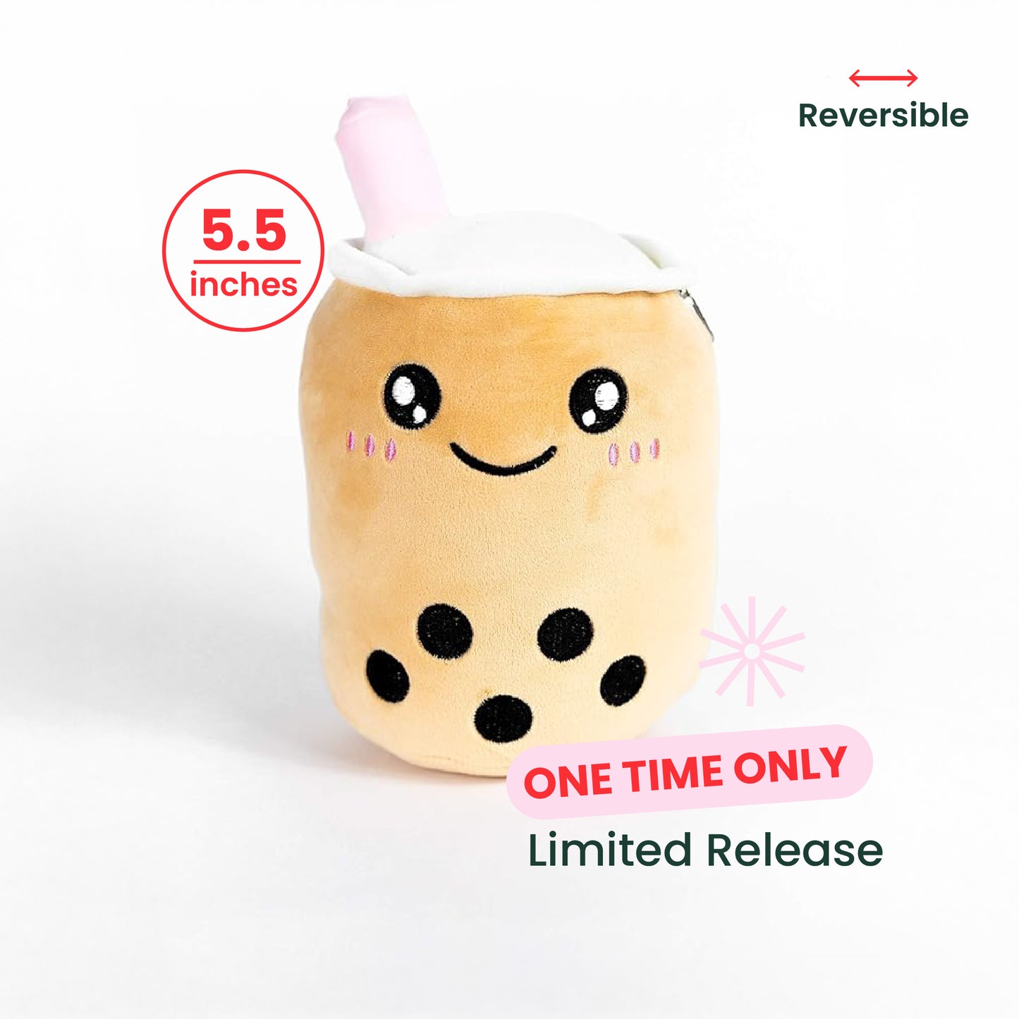 Plushie | Boba Tea Reversible Boba Buddy Plush | Reversible Cuddle Toy Happy to Mad | 5.5 inches | 1 pc