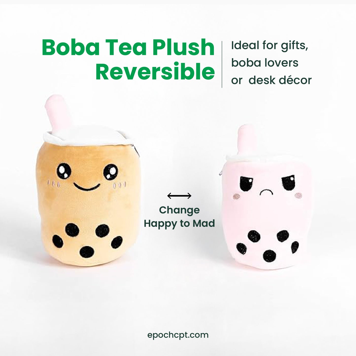 Plushie | Boba Tea Reversible Boba Buddy Plush | Reversible Cuddle Toy Happy to Mad | 5.5 inches | 1 pc