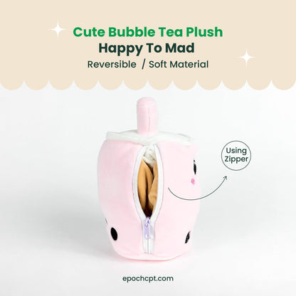 Plushie | Boba Tea Reversible Boba Buddy Plush | Reversible Cuddle Toy Happy to Mad | 5.5 inches | 1 pc