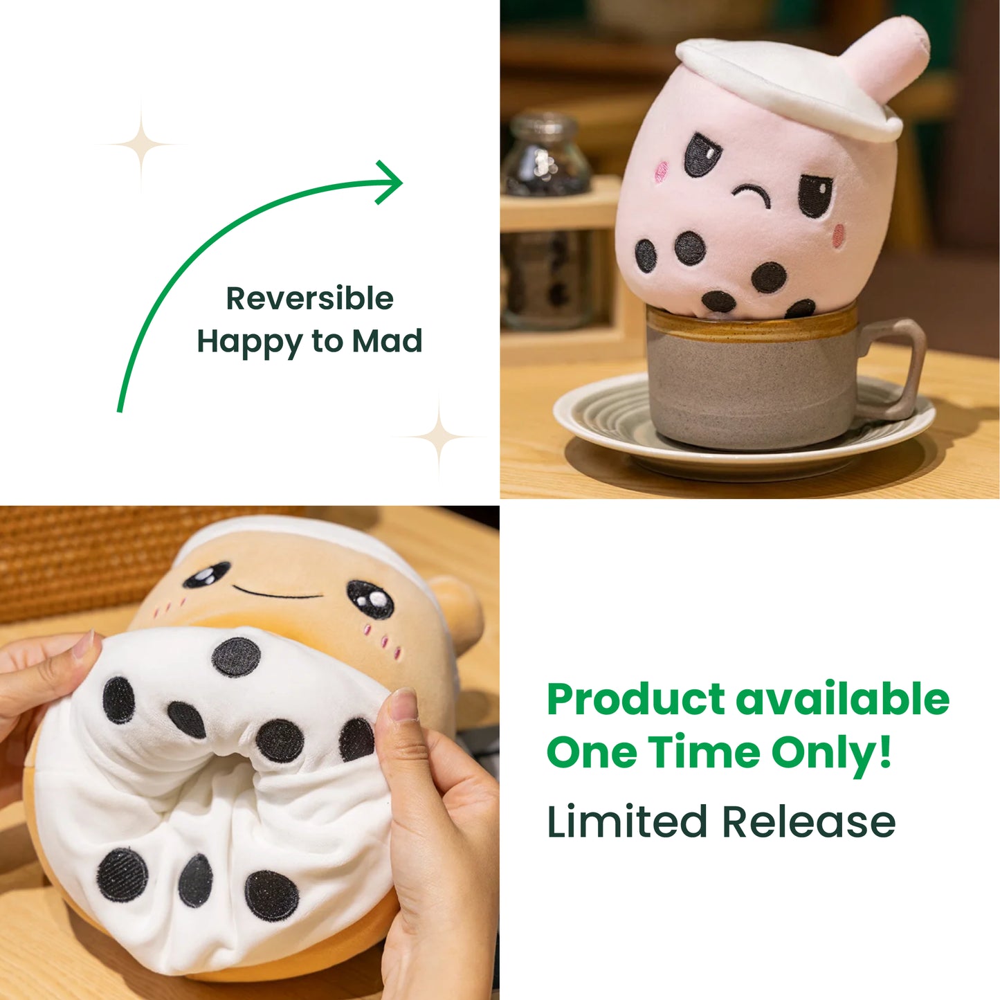 Plushie | Boba Tea Reversible Boba Buddy Plush | Reversible Cuddle Toy Happy to Mad | 5.5 inches | 1 pc