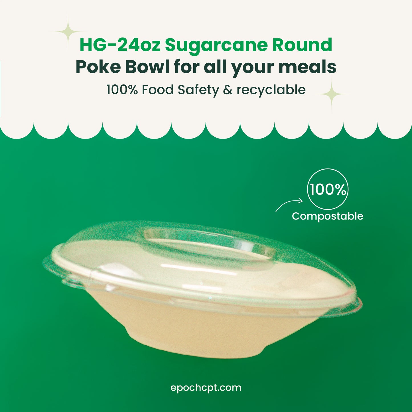 HG 24oz | Sugarcane Round Poke Bowl | Compostable Takeout Bowl | 500 pcs