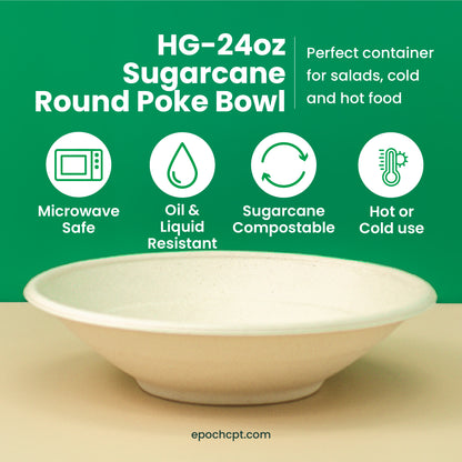 HG 24oz | Sugarcane Round Poke Bowl | Compostable Takeout Bowl | 500 pcs