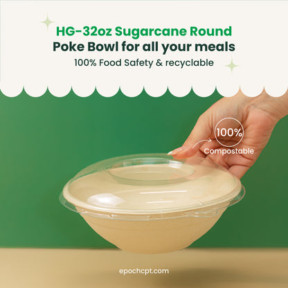 HG L088 | 32oz | Sugarcane Round Poke Bowl | Compostable Takeout Bowl | 500 pcs