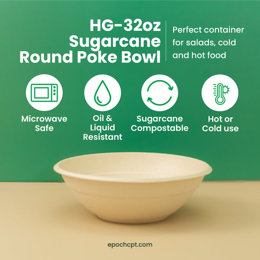 HG 32oz | Sugarcane Round Poke Bowl | Compostable Takeout Bowl | 500 pcs