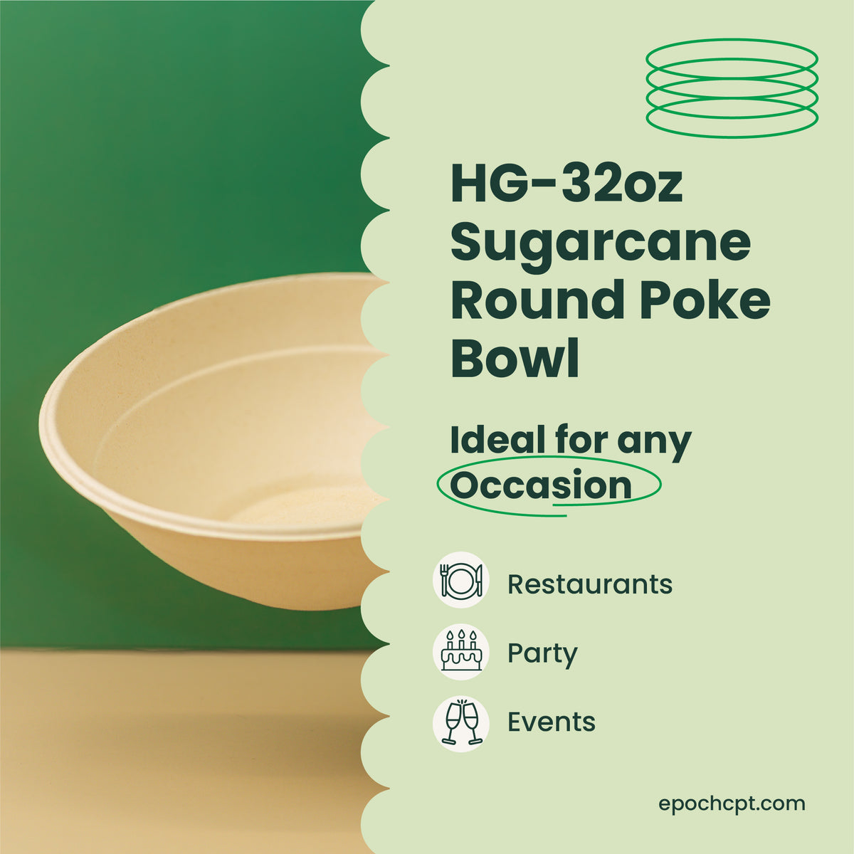 HG L088 | 32oz | Sugarcane Round Poke Bowl | Compostable Takeout Bowl | 500 pcs