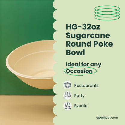 HG L088 | 32oz | Sugarcane Round Poke Bowl | Compostable Takeout Bowl | 500 pcs