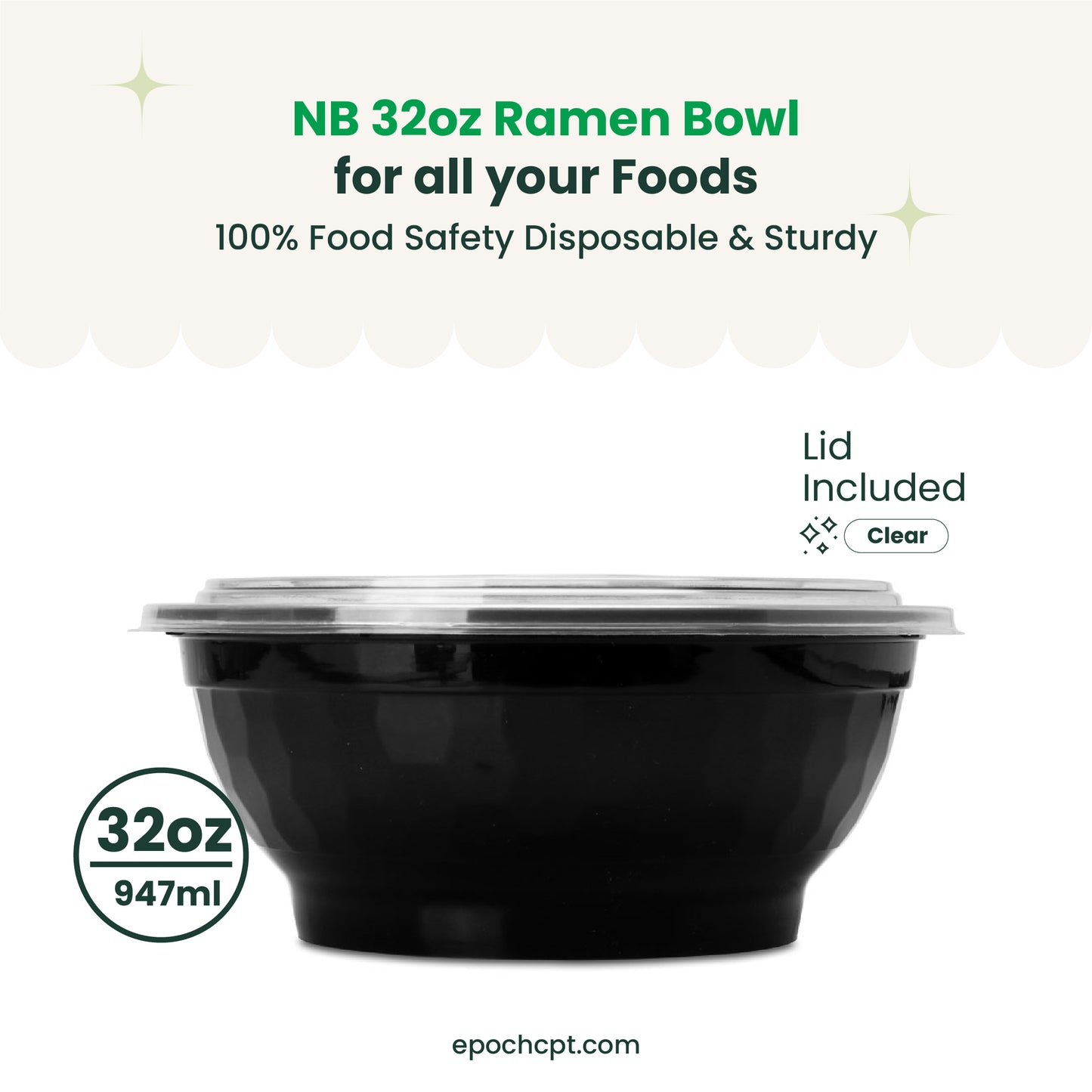 729 | 32oz PP Black Noodle Bowl | Takeout Food Bowl | 150 Sets